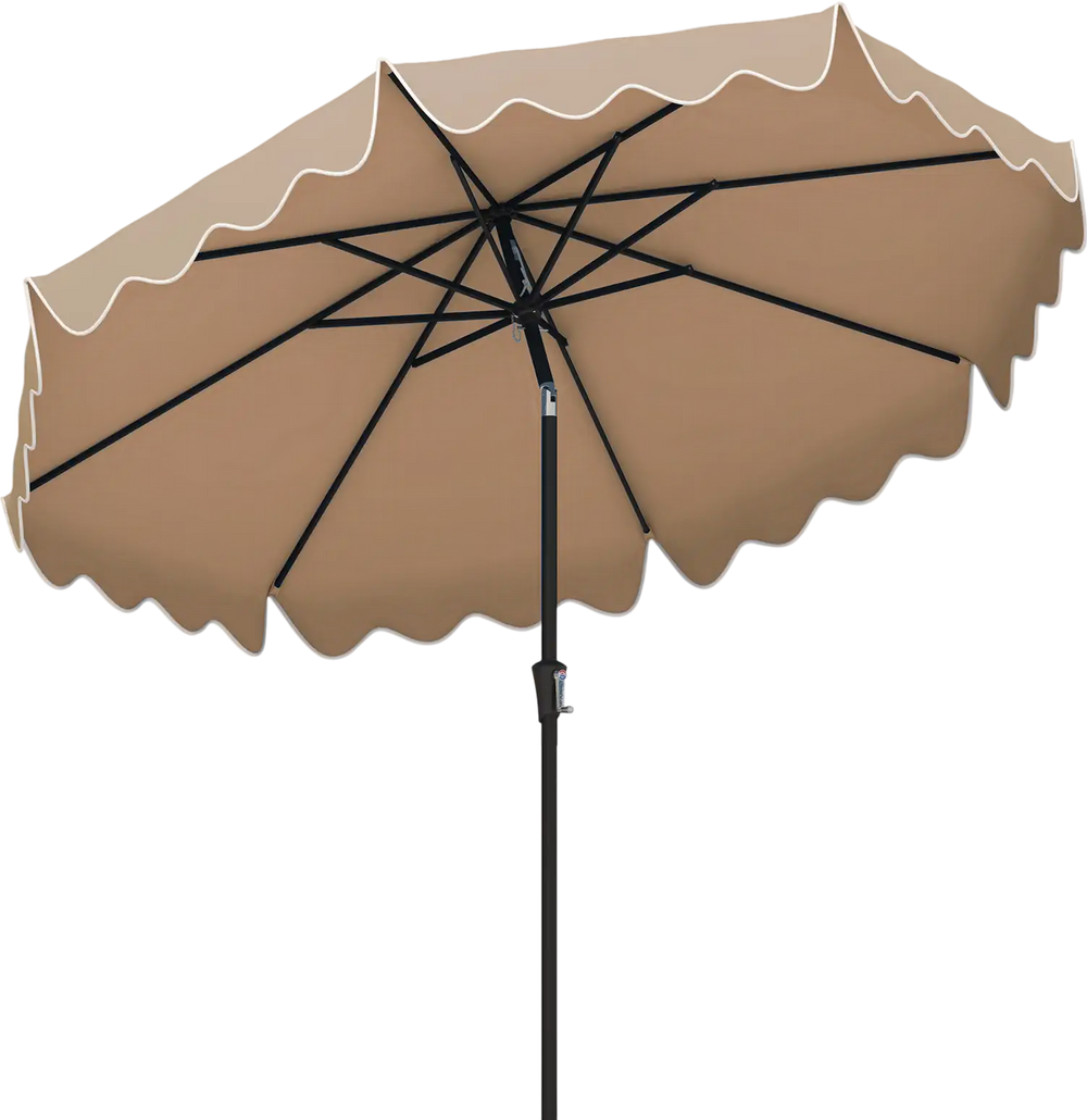 9-foot brown patio umbrella with crank handle, push button tilt, and elegant ruffled edges for outdoor shade.