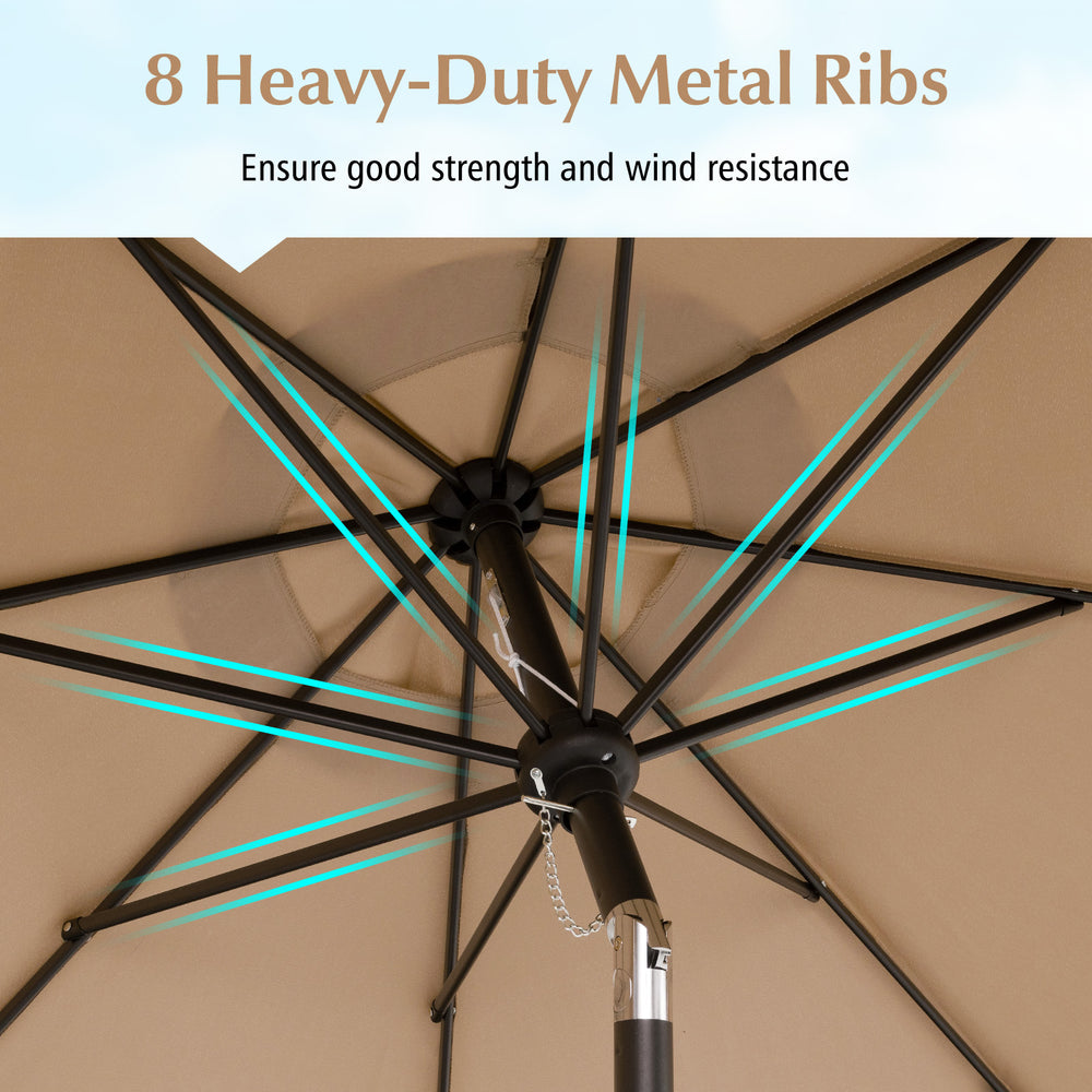 Close-up of the 8 heavy-duty metal ribs of a 9 feet brown patio umbrella, ensuring strength and wind resistance.