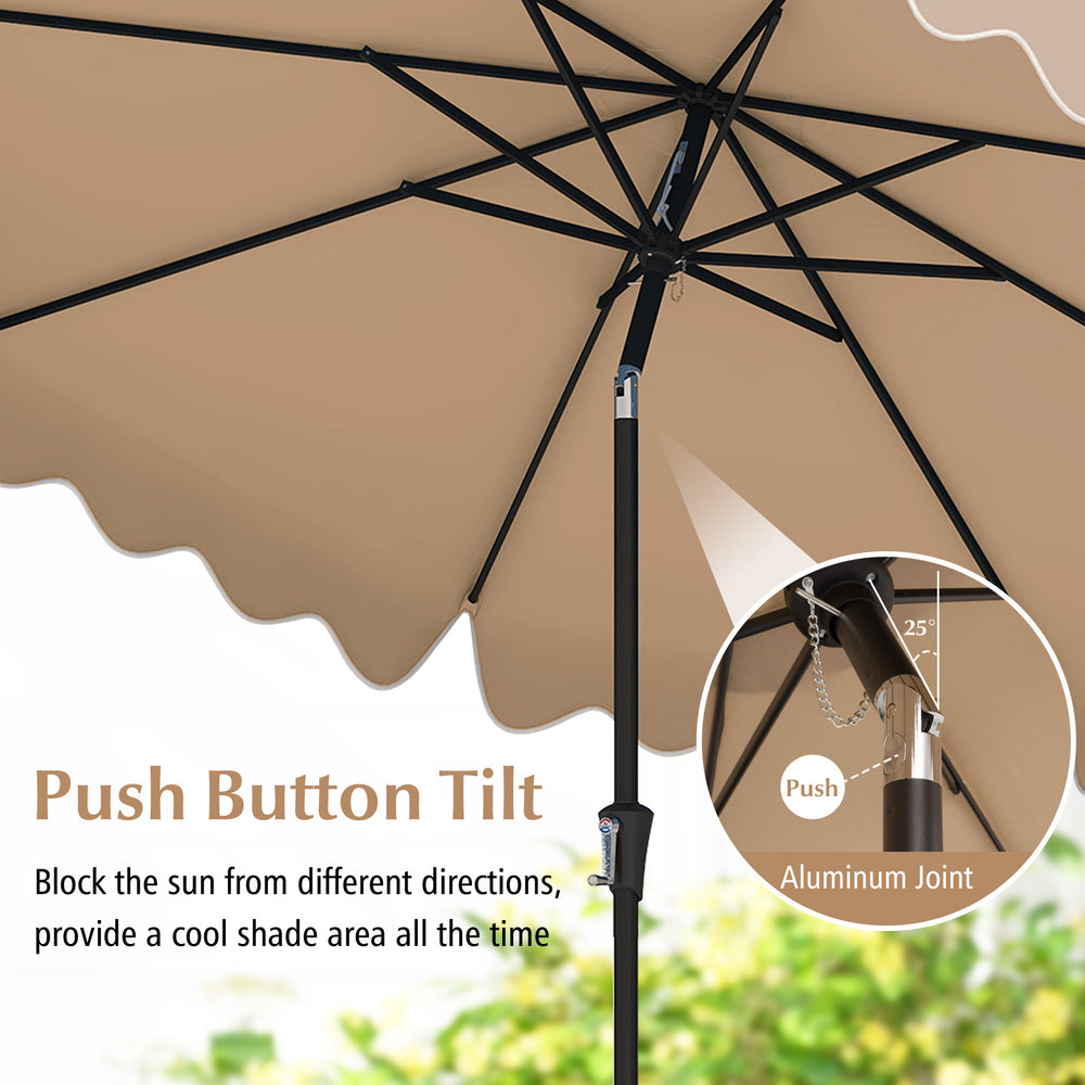 9 feet brown patio umbrella with crank handle and push button tilt, featuring a vented top for stability and sun.