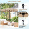 9-foot brown patio umbrella with crank handle, push button tilt, and vented top for easy operation and stability.