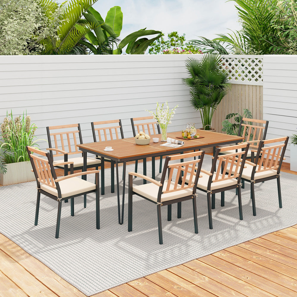 9-piece patio dining set featuring a 35.5-inch acacia wood table and 8 cushioned chairs, ideal for outdoor gatherings.