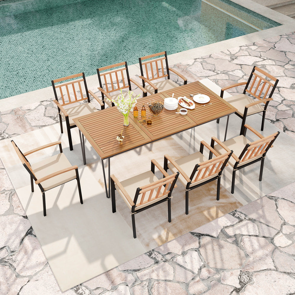 9-piece patio dining set featuring a 35.5-inch acacia wood table and 8 chairs with cushions, perfect for outdoor.