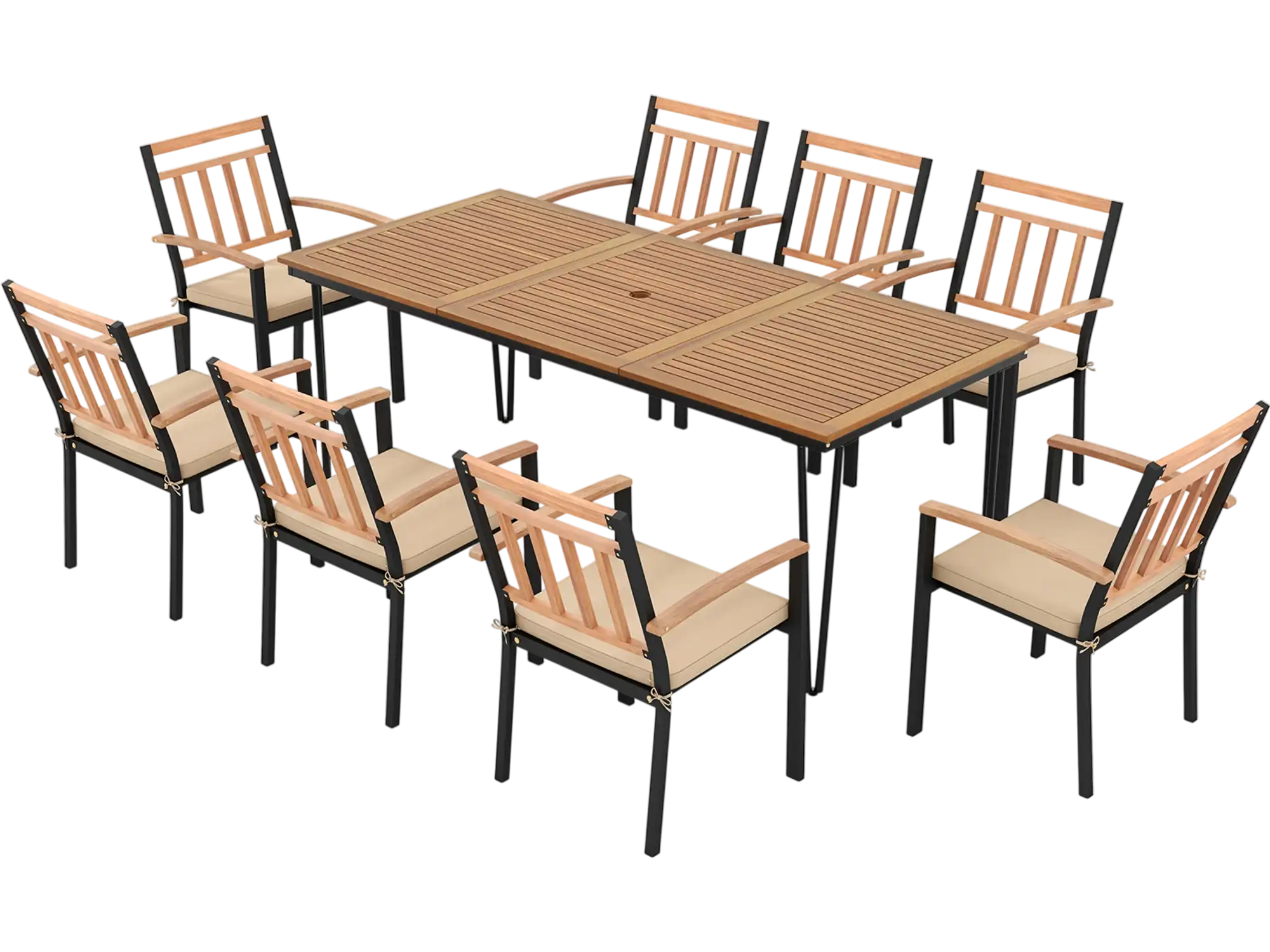 Costway 9-Piece Patio Dining Set Acacia Wood Table w/ Umbrella Hole 24