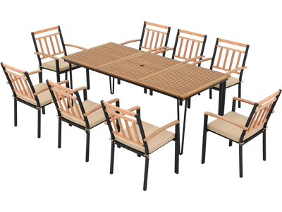 Costway 9-Piece Patio Dining Set Acacia Wood Table w/ Umbrella Hole 24