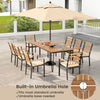9-piece patio dining set featuring a 35.5-inch acacia wood table with built-in umbrella hole and 8 ergonomic chairs.