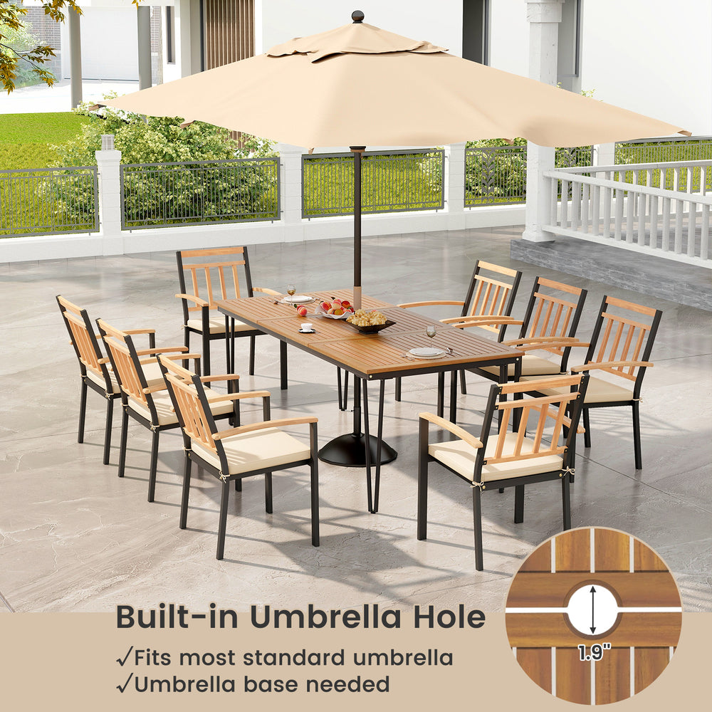 9-piece patio dining set featuring a 35.5-inch acacia wood table with built-in umbrella hole and 8 ergonomic chairs.