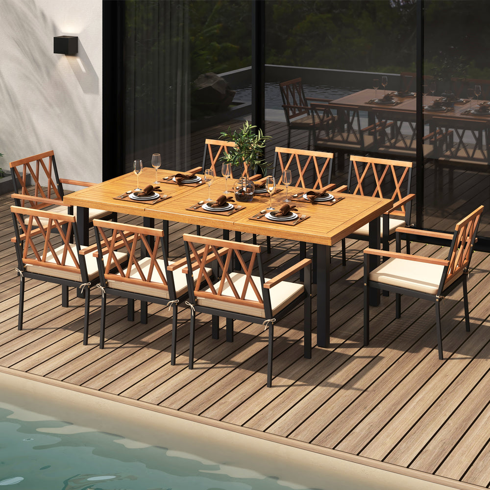 9-piece patio dining set featuring a 39.5-inch acacia wood table and 22.5-inch wide chairs, perfect for outdoor.