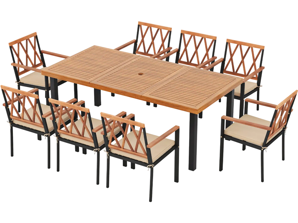 9 Pieces Patio Dining Set 39.5 Inch Acacia Wood Table with Umbrella Hole and 22.5-Inch Wide Chairs