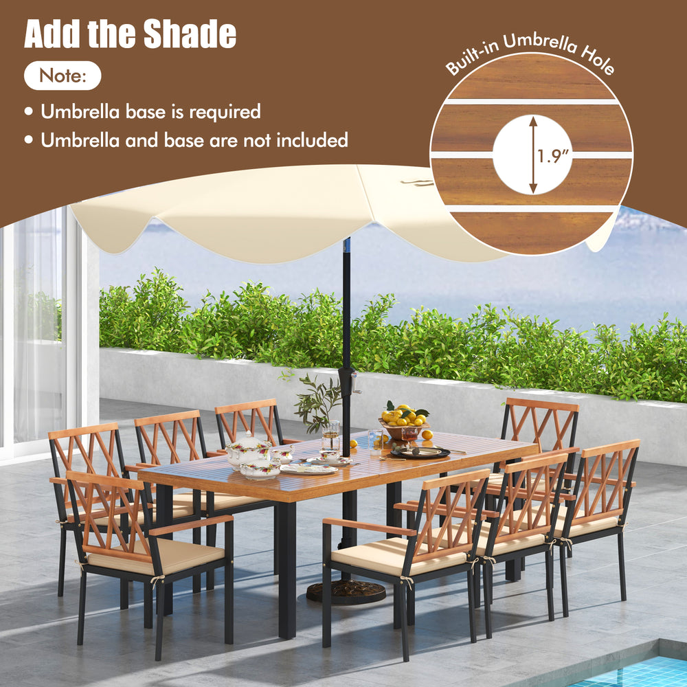 9-piece patio dining set featuring a 39.5-inch acacia wood table with an umbrella hole and comfortable wide chairs.