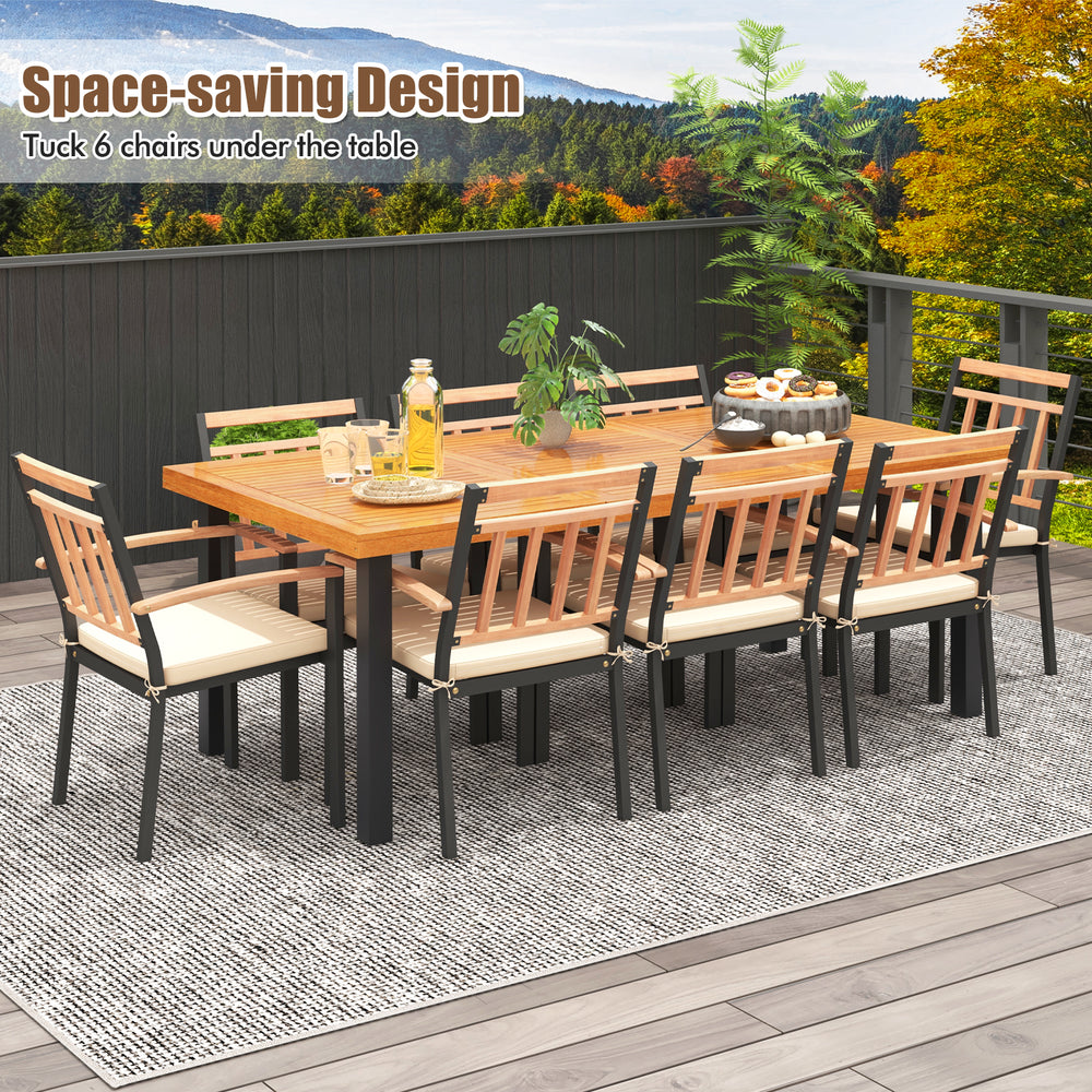 9-piece patio dining set featuring a 39.5-inch acacia wood table and 24-inch wide chairs, perfect for outdoor.
