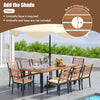 9-piece patio dining set featuring a 39.5-inch acacia wood table with a built-in umbrella hole and comfortable chairs.