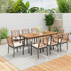 Full view of a 9-piece patio dining set on a wooden deck, showcasing the elegant acacia wood table and cushioned chairs.
