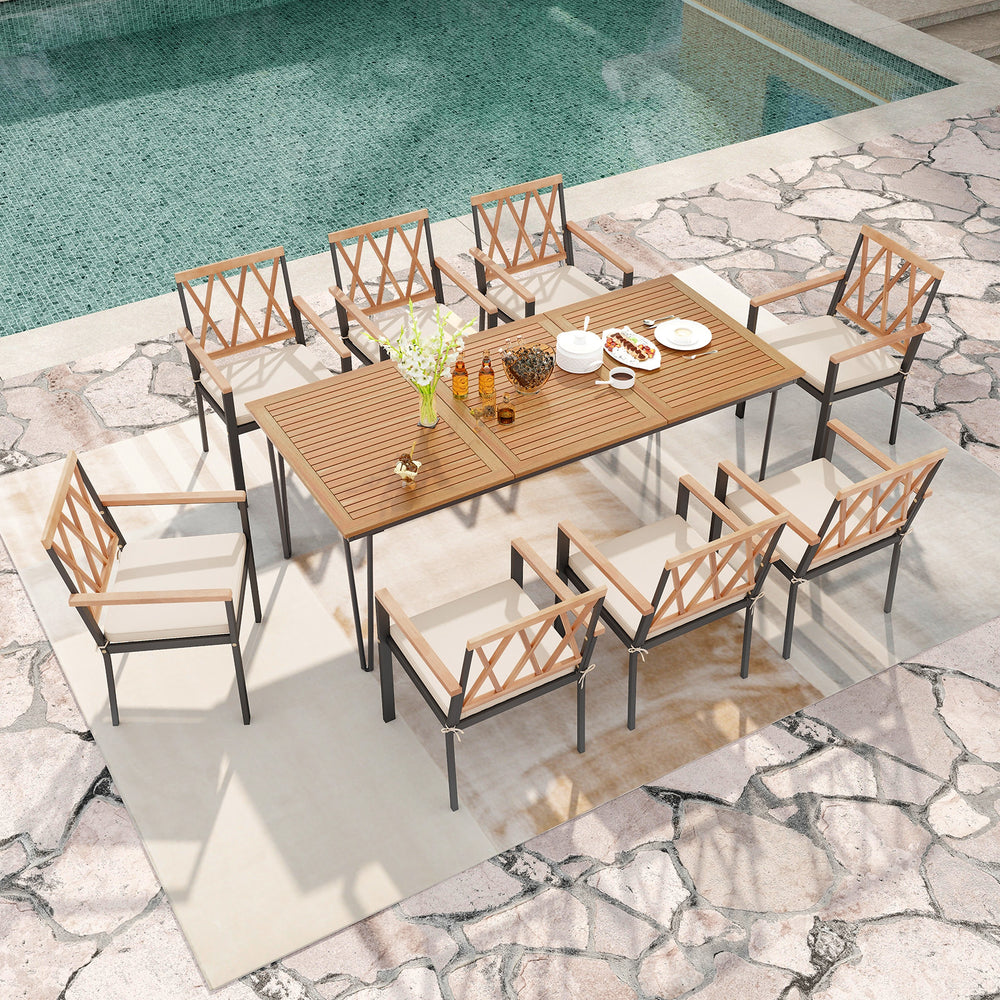 Top-down view of a 9-piece patio dining set with an acacia wood table and cushioned chairs, perfect for outdoor dining.
