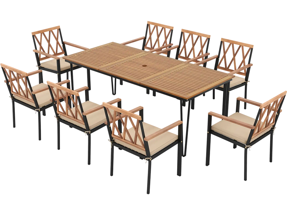 9-Piece Patio Dining Set 35.5 Inch Acacia Wood Table with Umbrella Hole and 22.5-Inch Wide Chairs