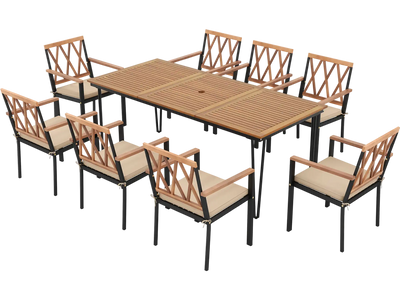Costway 9-Piece Patio Dining Set Acacia Wood Table w/ Umbrella Hole 22.5