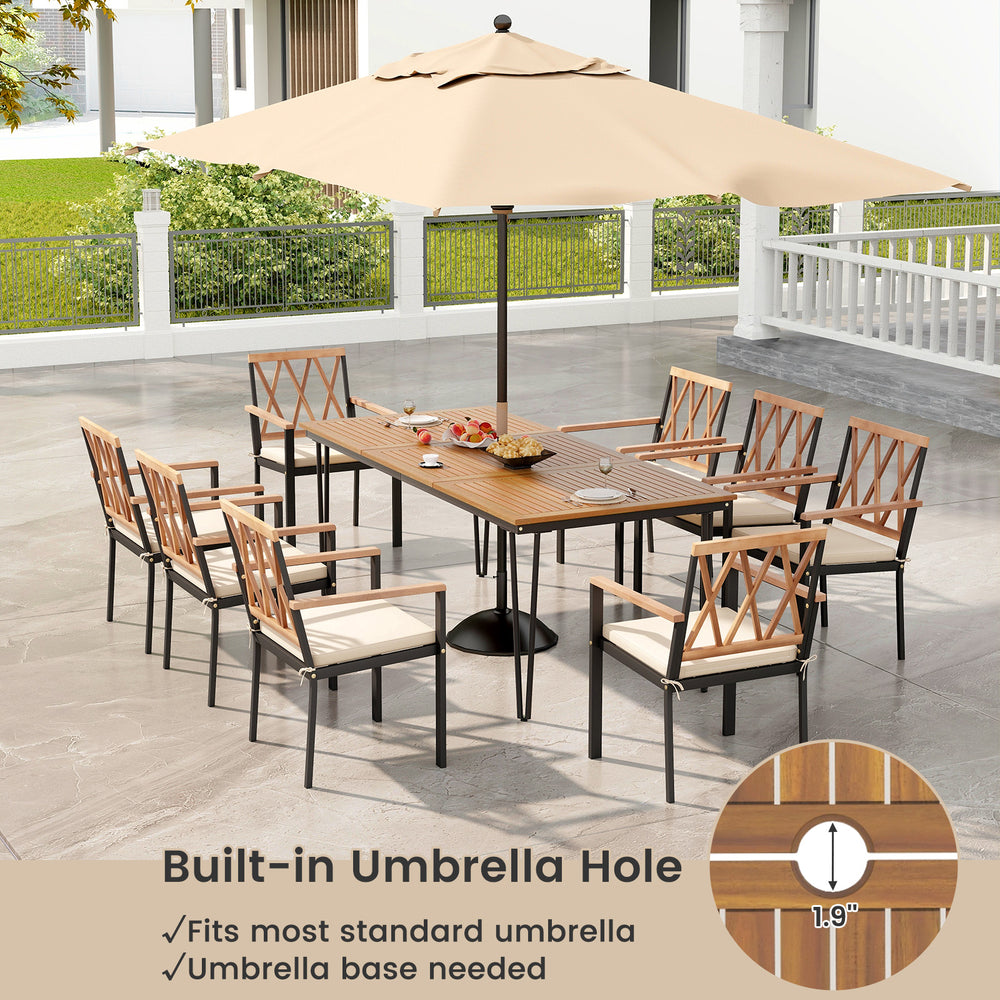 9-piece patio dining set featuring a 35.5-inch acacia wood table with a built-in umbrella hole, ideal for outdoor.