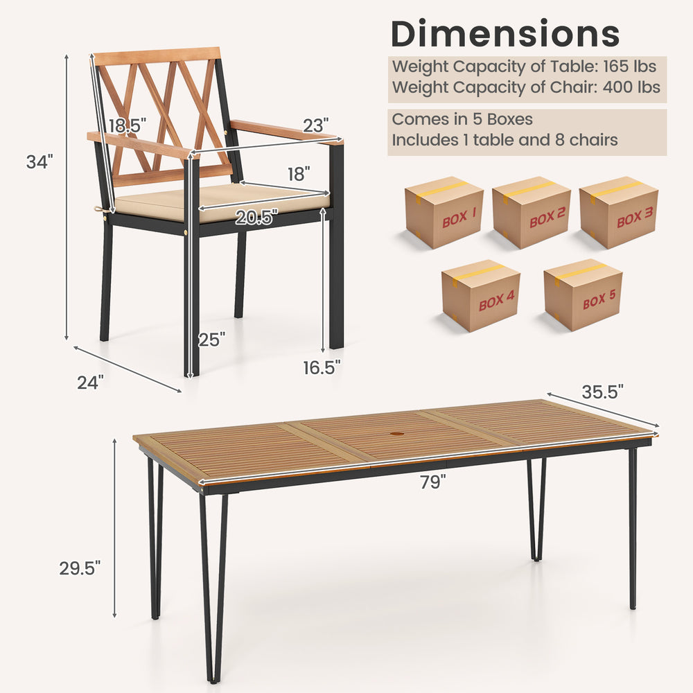 9-piece patio dining set featuring a 35.5-inch acacia wood table and 8 cushioned chairs, perfect for outdoor gatherings.