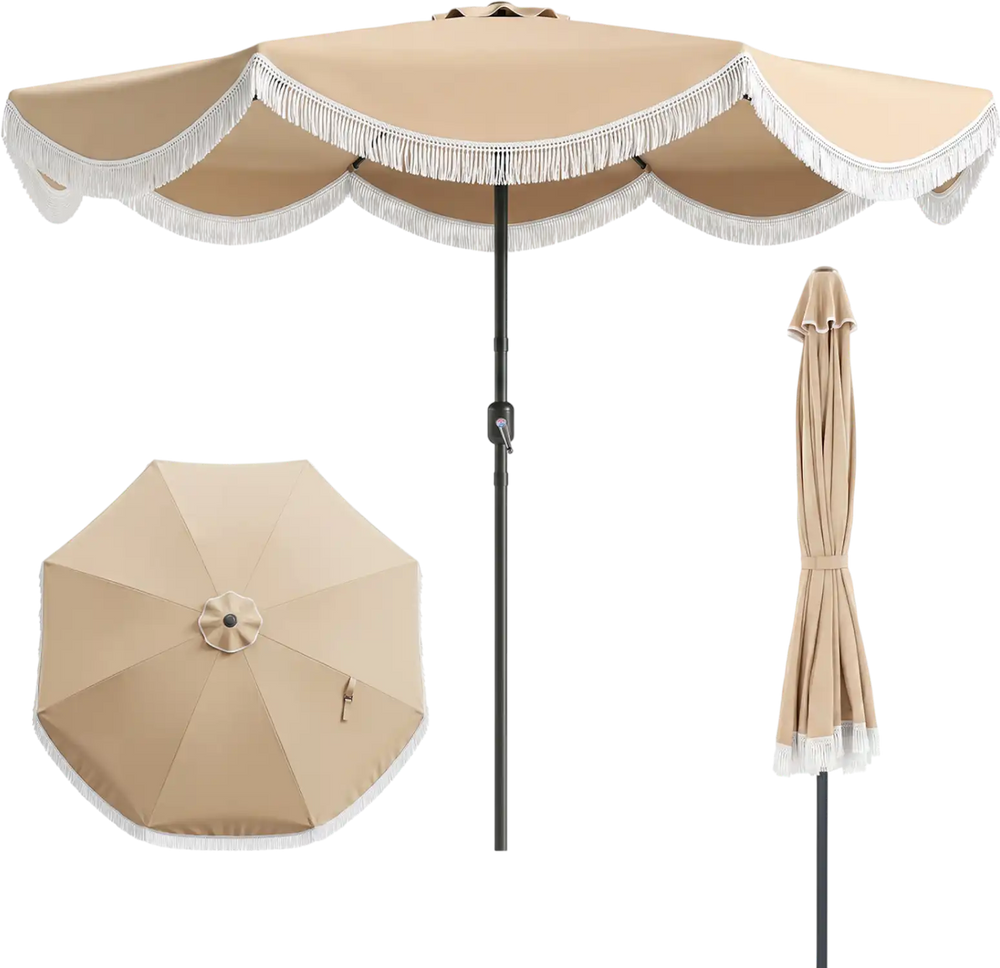 9/10 FT outdoor tassel umbrella in beige with push button tilt, perfect for patio shade and relaxation.