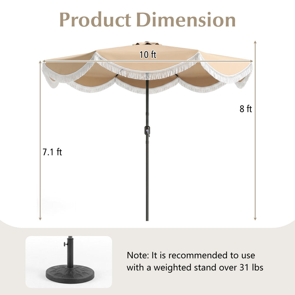 9/10 FT outdoor tassel umbrella with push button tilt, featuring a beige canopy and dimensions of 10 ft x 8 ft x 7.1 ft.