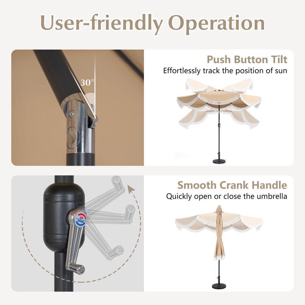 9/10 FT outdoor tassel umbrella featuring a push button tilt and smooth crank handle for easy sun positioning.