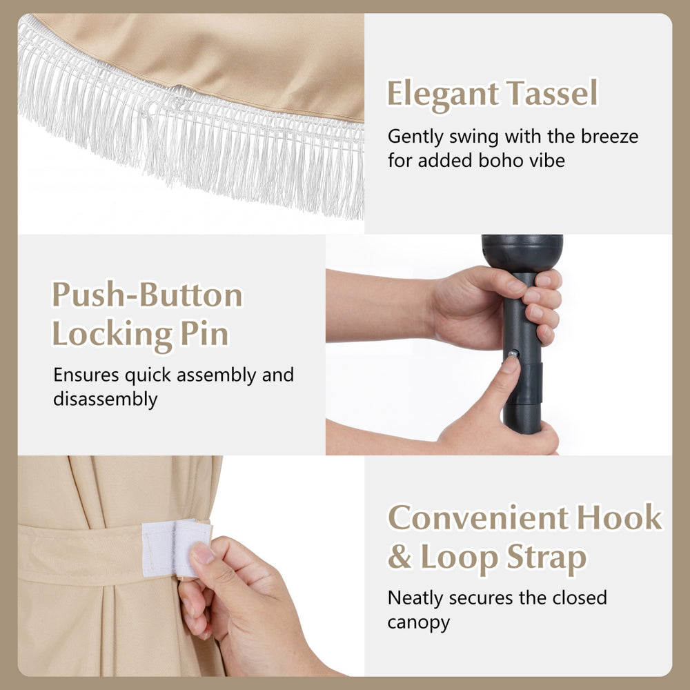 Close-up of the tassel detail and push-button locking pin on the 9/10 FT outdoor umbrella for easy setup.