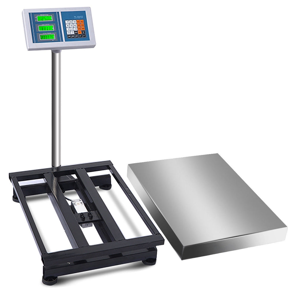Digital floor platform scale with stainless steel platform, 660 lbs capacity, ideal for postal and industrial weighing.