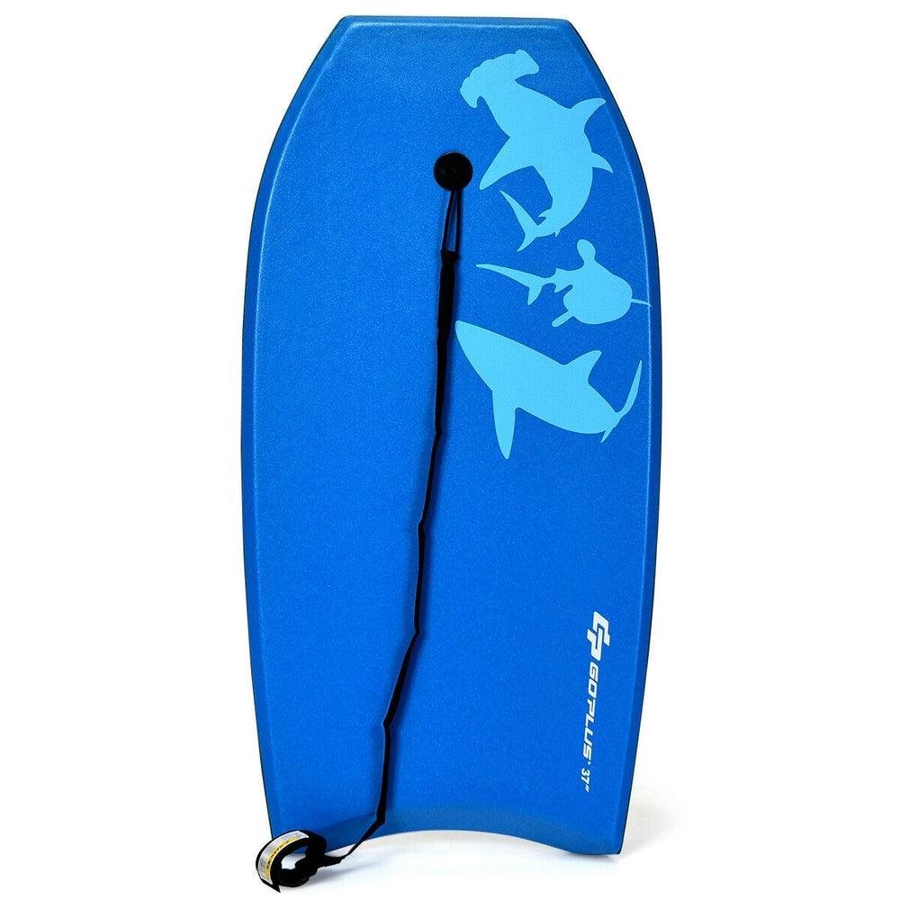 Lightweight blue bodyboard with EPS core, XPE deck, and crescent tail, ideal for surfing and water sports.