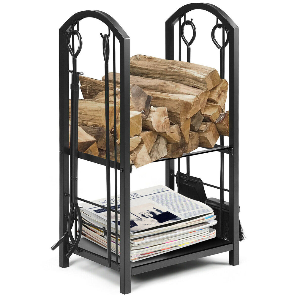 Fireplace log rack with firewood and 4 wrought iron tools, sturdy design for indoor or outdoor use, keeps area tidy.