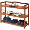 Acacia wood shoe rack showcasing three tiers with various shoe styles, featuring side hooks for added convenience.