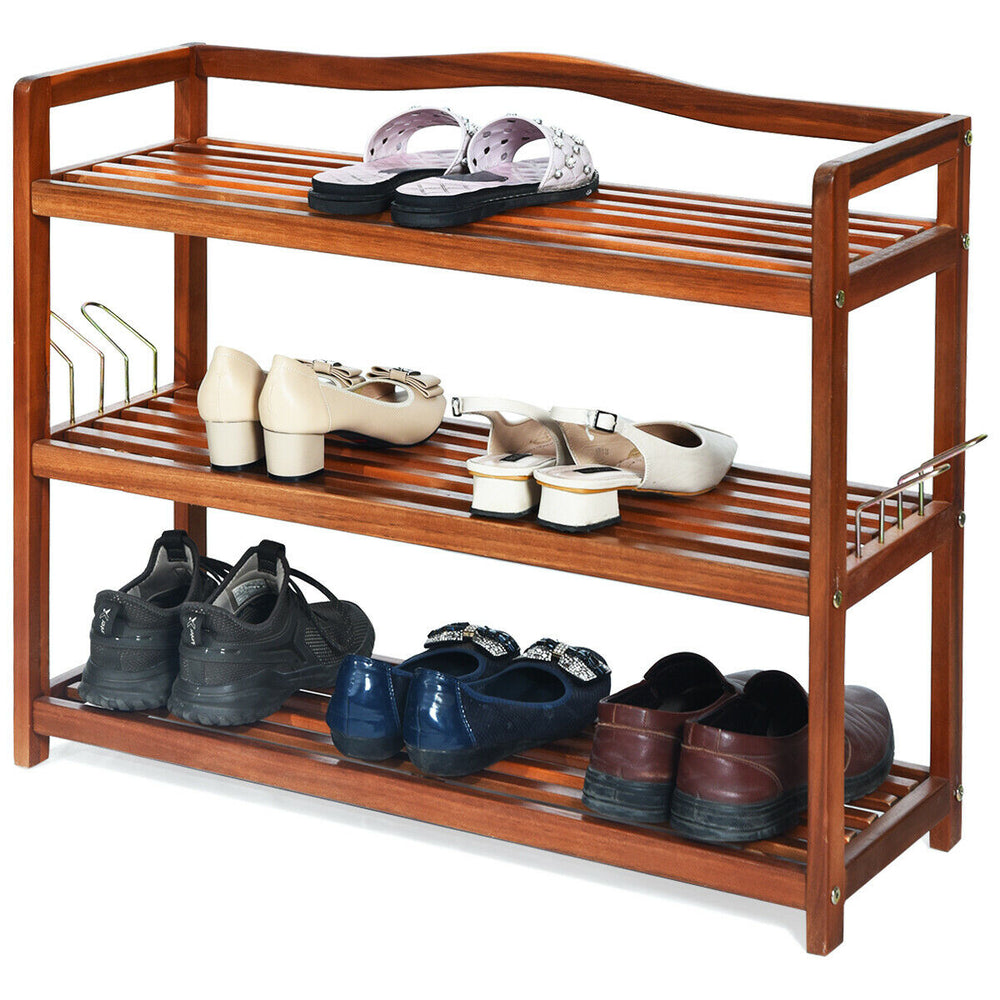Acacia wood shoe rack showcasing three tiers with various shoe styles, featuring side hooks for added convenience.