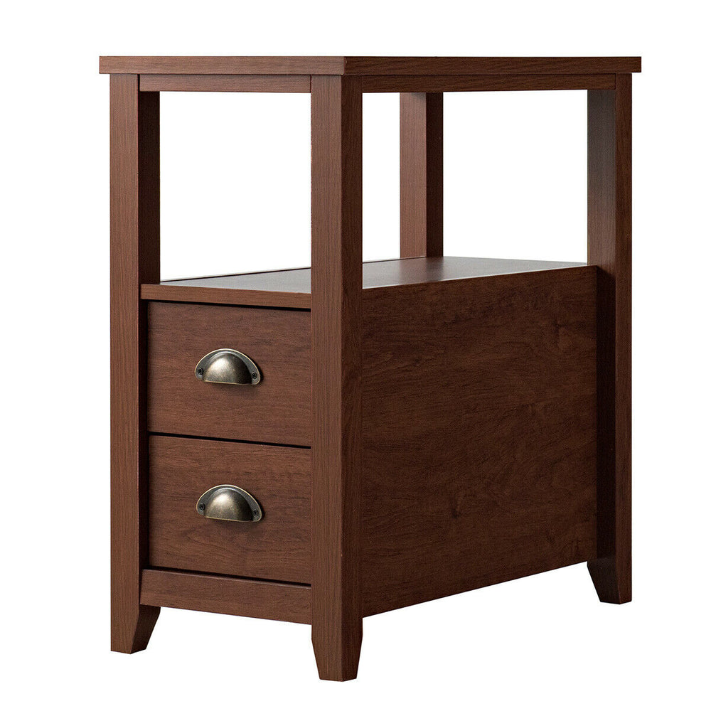 Brown wooden end table with a spacious surface, featuring two drawers and a shelf, perfect for compact living spaces.