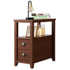 Compact brown end table with two drawers and shelf, featuring rustic metal handles, ideal for bedroom or living room.