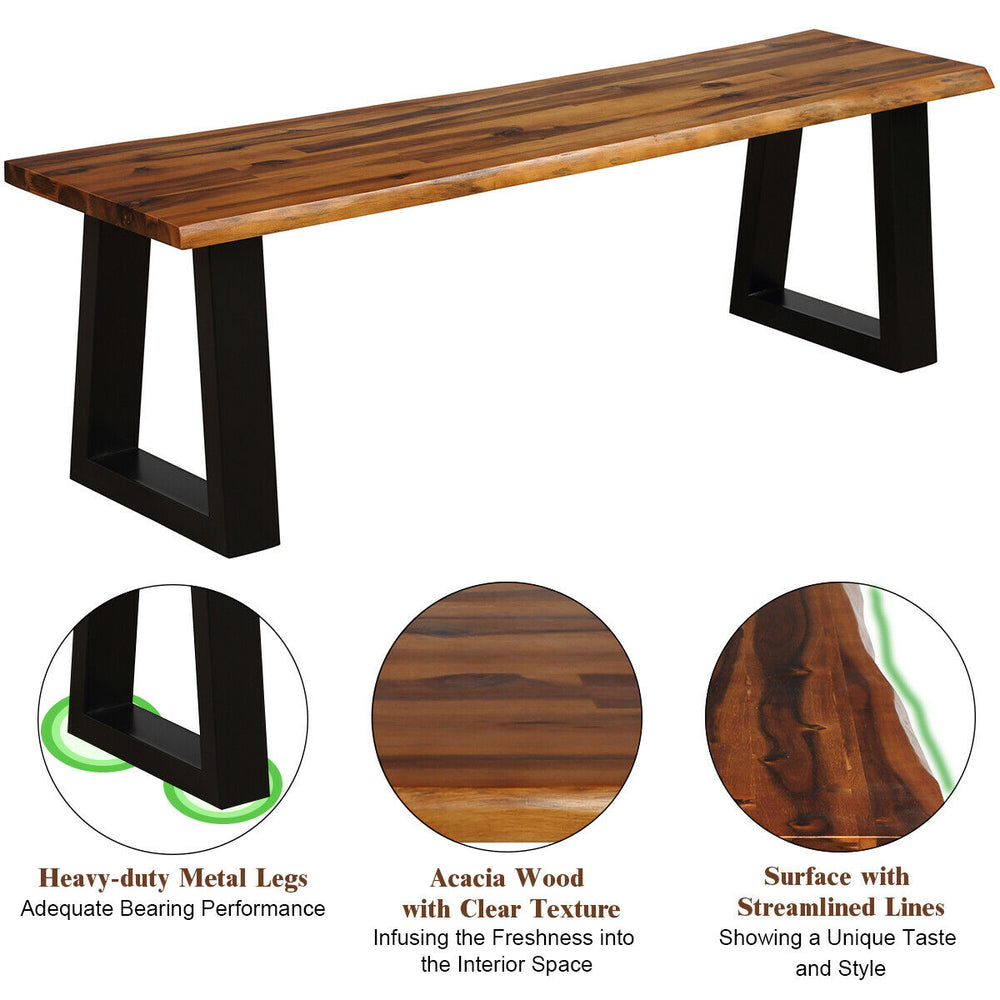 Solid acacia wood patio dining bench with heavy-duty metal legs, featuring a polished surface for contemporary decor.