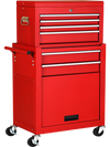 Red rolling tool cabinet with a sturdy handle and universal wheels, perfect for secure and organized garage storage.