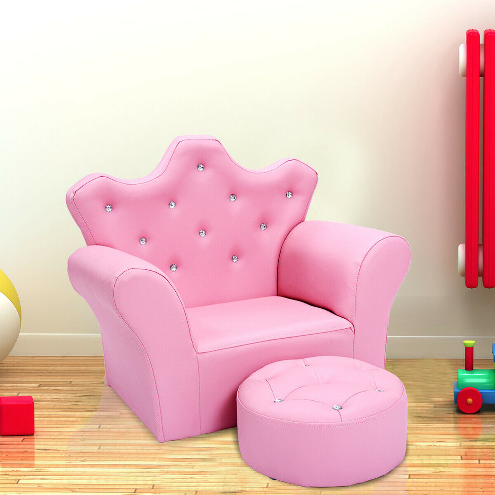 Pink kids sofa with armrests and matching ottoman, perfect for reading or relaxing in a children's room.