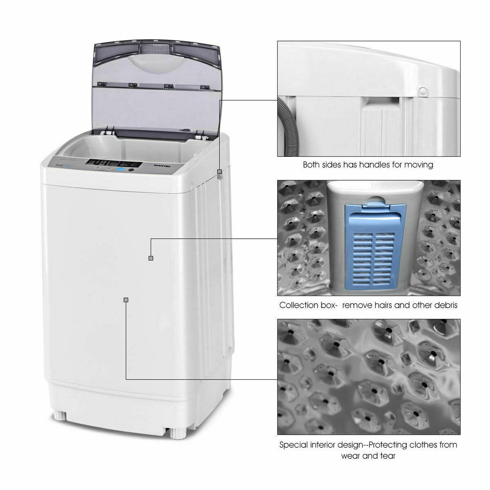 Top view of the 12 lbs full-automatic washing machine with clear lid, featuring a stainless steel inner tub and control.