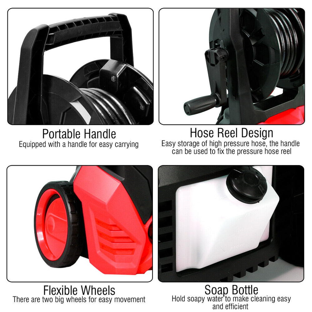 Portable handle and flexible wheels on the 3000 PSI electric high pressure washer for easy movement and storage.
