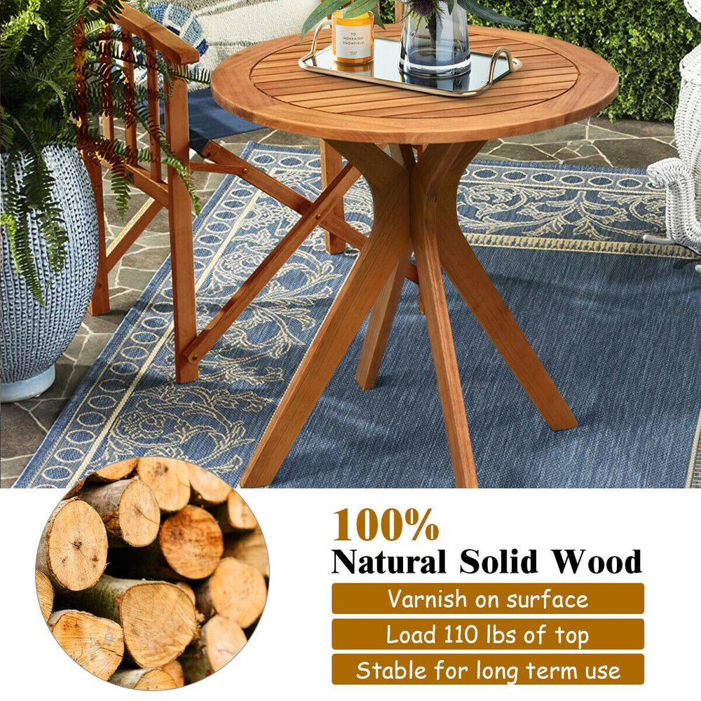 Round 27-inch outdoor bistro table made of solid wood with varnish finish, ideal for patio and garden use.