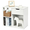 3-tier side table in white with open shelf and drawer, made of durable particle board for versatile storage solutions.