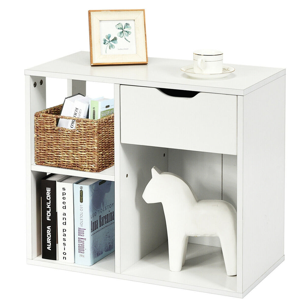 3-tier side table in white with open shelf and drawer, made of durable particle board for versatile storage solutions.