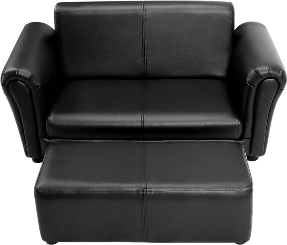 Kids black double sofa with matching ottoman, perfect for reading or watching TV in a playroom or bedroom.