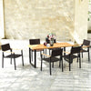 7-piece outdoor dining set featuring a large acacia wood table and weather-resistant rattan chairs, perfect for garden.