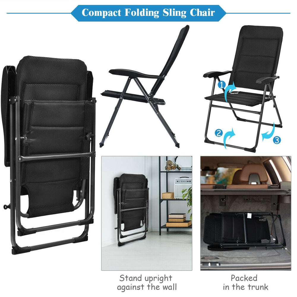 Compact folding sling chair in black with adjustable backrest, made of steel and oxford fabric, perfect for outdoor use.