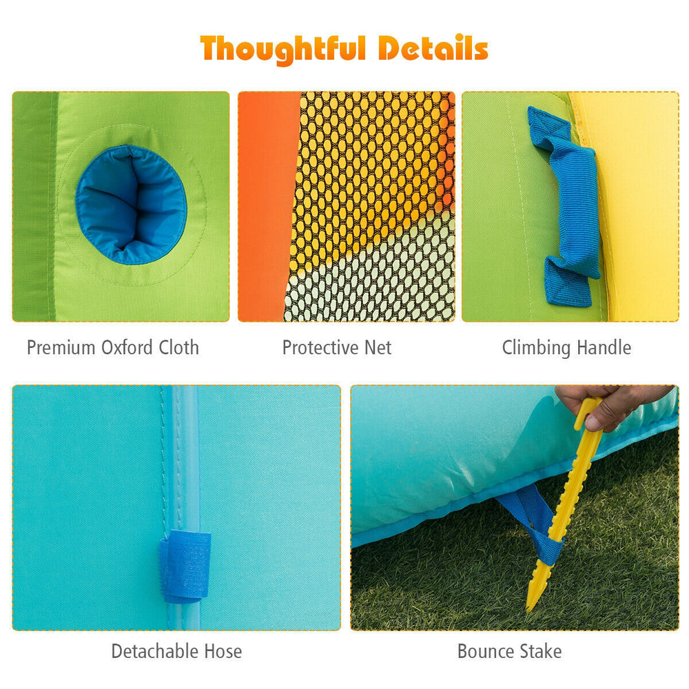 Close-up of the inflatable water slide's protective net, climbing handle, and durable Oxford cloth for safety and fun.