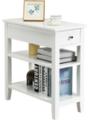 White 3-tier nightstand with drawer and double shelves, perfect for bedside or living room storage.