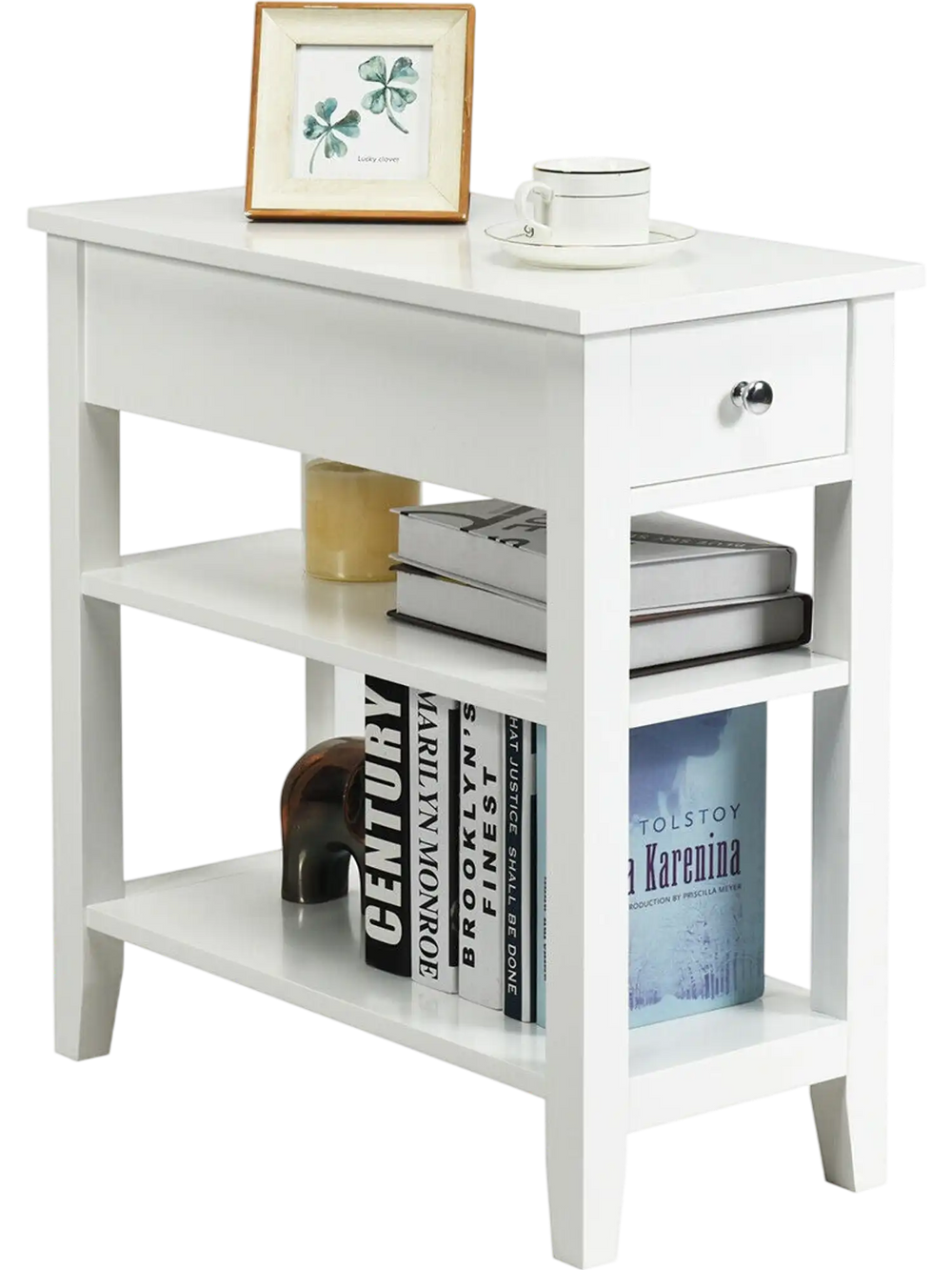 White 3-tier nightstand with drawer and double shelves, perfect for bedside or living room storage.