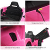 Wide seat with safety belt, charging socket, and openable doors on the pink 12V RC electric vehicle for kids.
