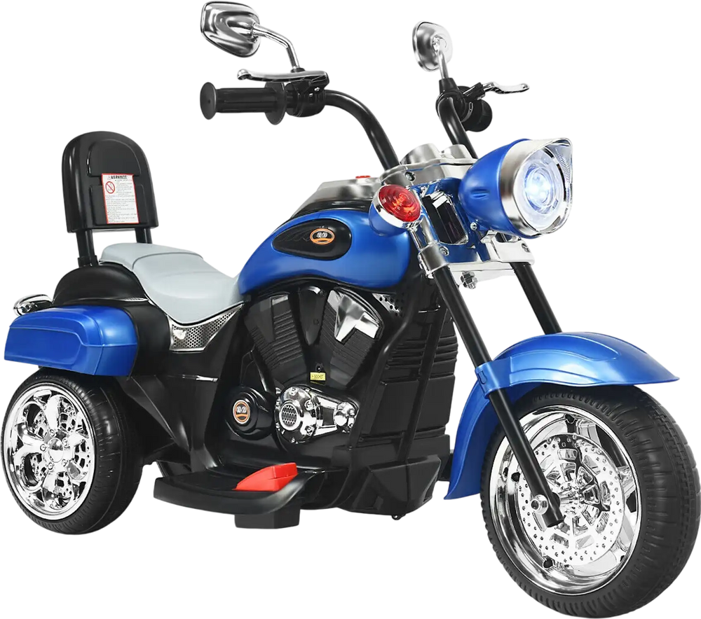 Chopper style 6V 3-wheel kids motorcycle in blue with adjustable headlight and wide seat for comfort and stability.