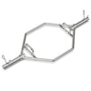 56-inch Olympic hexagon deadlift trap bar made of heavy-duty steel with chrome finish, featuring dual knurled grips.