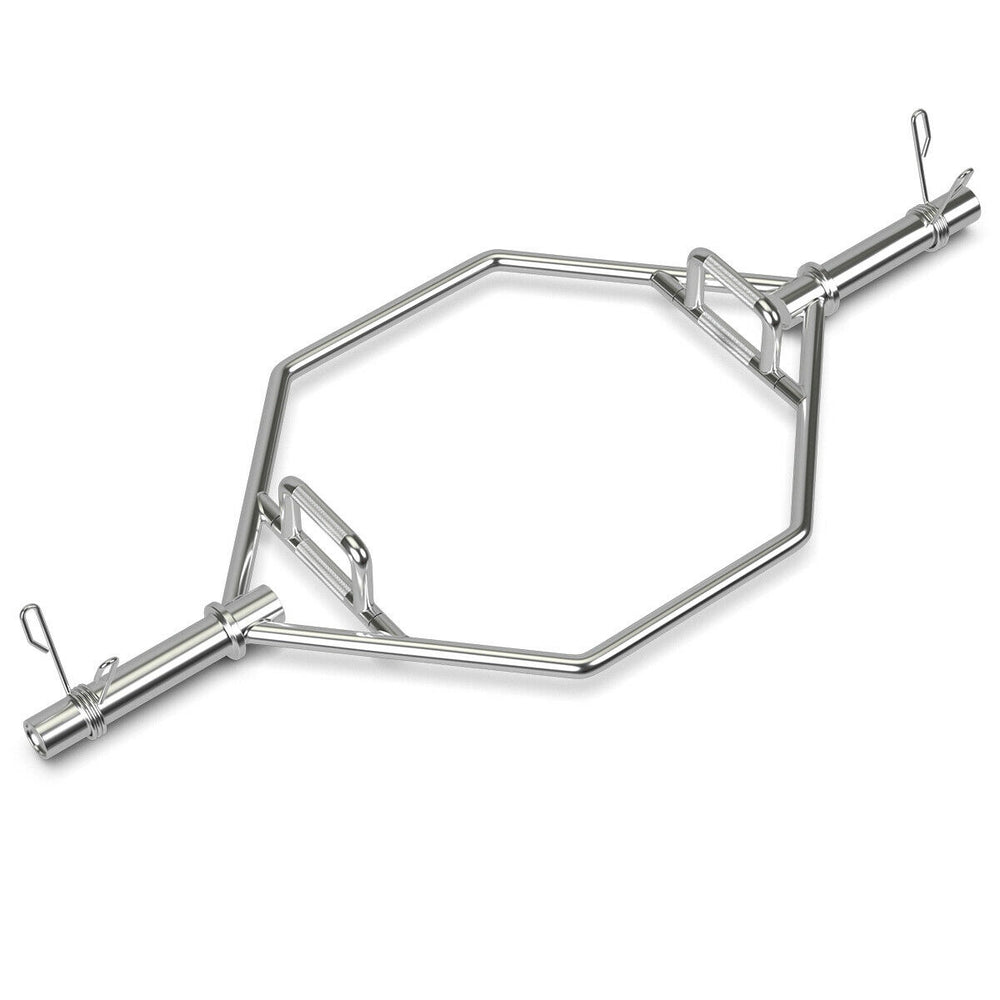 56-inch Olympic hexagon deadlift trap bar made of heavy-duty steel with chrome finish, featuring dual knurled grips.